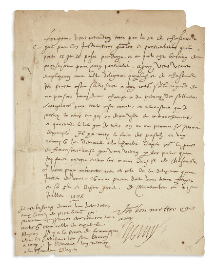 HENRI IV; KING OF FRANCE. Letter Signed, "Henry," to "Focyer[?]," concerning passports, in...