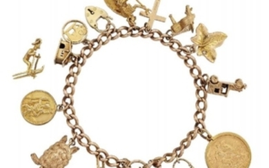 A 9ct gold charm bracelet, comprising: fourteen...