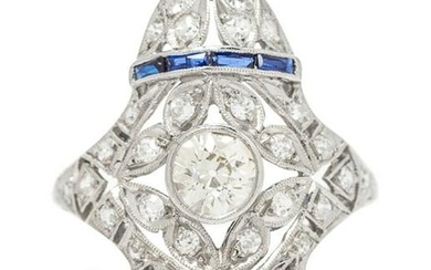 An Art Deco Platinum, Diamond and Sapphire Ring