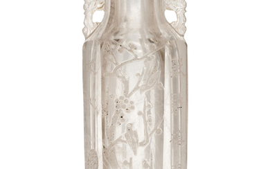 A CARVED AND PIERCED ROCK CRYSTAL 'PRUNUS' FLATTENED HEXAGONAL VASE, 18TH CENTURY