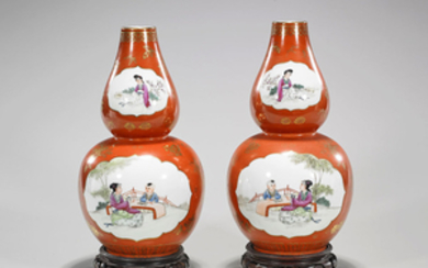 Pair Chinese Enameled Porcelain Double Gourd Vases