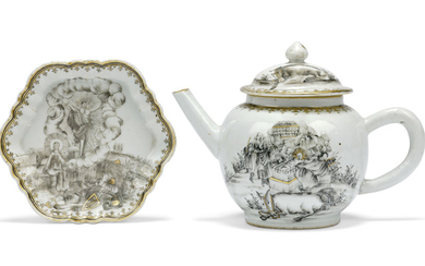 A CHINESE GRISAILLE AND GILT-DECORATED 'NATIVITY' TEAPOT AND COVER, AND A 'RESURRECTION' TEAPOT-STAND, QIANLONG PERIOD, CIRCA 1745