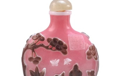 CHINESE OVERLAY GLASS SNUFF BOTTLE In ovoid form, with aubergine and white design of sages in a landscape on a pink ground. Qianlong...