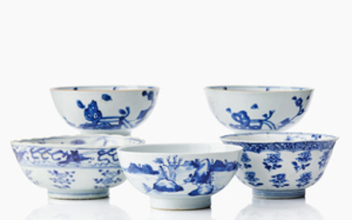 Five Chinese provincial blue and white bowls