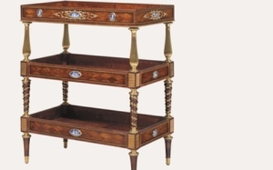 A FRENCH ORMOLU AND PORCELAIN-MOUNTED CITRONNIER, MAHOGANY AND PARQUETRY ETAGERE, BY MAISON KRIEGER, PARIS, THE PLAQUES POSSIBLY WEDGWOOD, AFTER THE MODEL BY ADAM WEISWEILER, CIRCA 1880