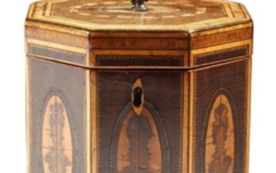 A George III harewood octagonal tea caddy, inlaid …