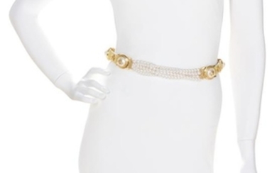 A Gianni Versace Pale Yellow Leather and Multistrand Pearl Belt