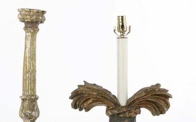 An Italian Baroque giltwood altar stick & a lamp