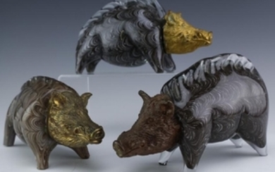 3 Italian Murano Art Glass & Bronze Razor Back Boar PIG