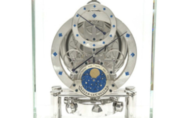 JAEGER-LECOULTRE ATMOS LAPIS LAZULI LIMITED EDITION, 01/10 An extremely fine and very rare glass Atmos clock wound by barometric pressure changes with mother-of-pearl dial, lapis lazuli moon phase plates with 16 diamonds(total 0.33ct), 24-hour indication