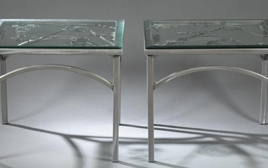 2 Kokopelli motif, glass-top steel tables.