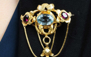 A mid 19th century 18ct gold aquamarine and garnet brooch.