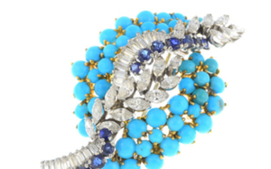 A mid 20th century turquoise diamond and sapphire brooch.