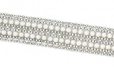 * A Platinum, Diamond and Cultured Pearl Bracelet