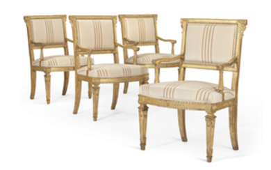 A SET OF FOUR ITALIAN GILTWOOD ARMCHAIRS, PROBABLY ROME, CIRCA 1780