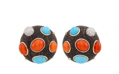 Pair of Two-Color Gold, Wood, Turquoise, Coral and Diamond Earclips
