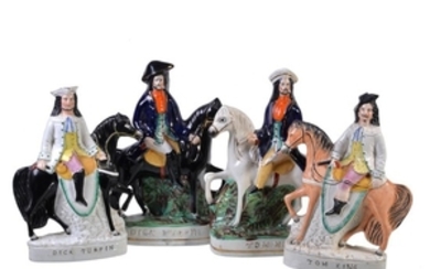 Two pairs of Staffordshire figure groups of Dick Turpin and Tom King