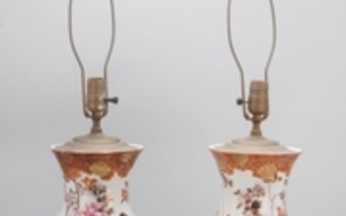 PAIR OF RUST RED KUTANI PORCELAIN VASES In baluster form with crane and peony design. Converted to table lamps. Heights 18".
