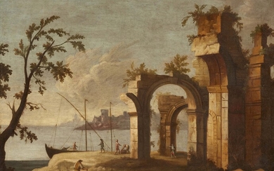 Probably French school 18th century - Southern Coastal Landscape with Ruins and Figures