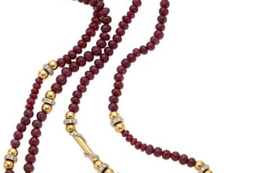 55344: Ruby, Diamond, Gold Necklace Stones: Ruby bead
