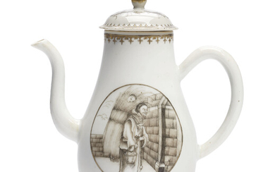 A RARE GRISAILLE AND GILT EUROPEAN SUBJECT COFFEE-POT AND COVER, QIANLONG PERIOD, CIRCA 1765