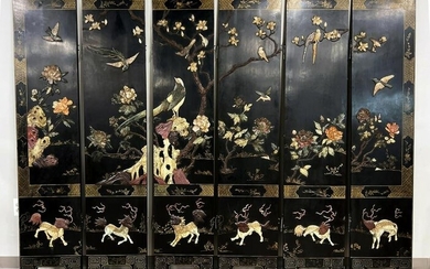 6 PANEL LACQUER SCREEN WITH APPLIED JADE & SEMIPRECIOUS STONES