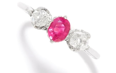 RUBY AND DIAMOND THREE STONE RING in gold or platinum