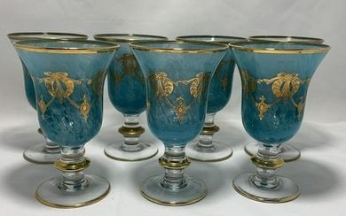 (7) TURQUOISE W/GOLD SWAG CRYSTAL WINE GLASSES