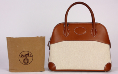 Hermes Sac A Main Boldie natural barenia leather & toile handbag 31cm, with original box, strap, dustbag, lock, clochette