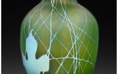 79044: Steuben Decorated Green Aurene Glass Vase, circa