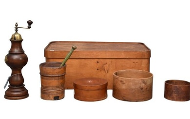 7pc. Lot Vintage/Primitive Wood/Wooden Bent wood/Band Boxes, Large Carved/Turned Wood Mortar &