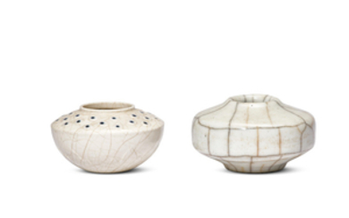 A FINE MOULDED SOFT-PASTE CREAM-GLAZED LOTUS-POD FORM WATERPOT AND A FINE GE-TYPE-GLAZED WATERPOT, QING DYNASTY, 18TH CENTURY