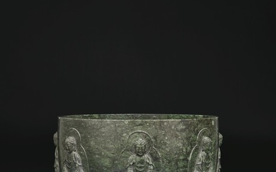 A RARE AND LARGE MOTTLED DARK GREEN JADE ALMS BOWL, QIANLONG PERIOD (1736-1795)