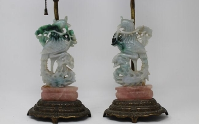 Carved Chinese Jadeite/Rose Quartz Lamps