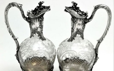 PAIR ANTIQUE SOLID SILVER & GLASS CLARET JUGS / WINE