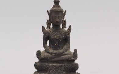 THAI BRONZE BUDDHA Seated on a lotus throne. Traces of original gilding. Height 5". Hollow base.