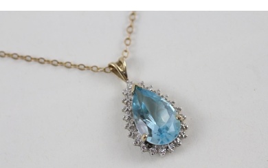 9ct gold pear cut blue topaz & diamond cluster pendant neckl...
