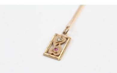 9ct gold vintage ruby & diamond double heart pendant necklac...