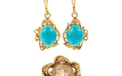 A 14K Yellow Gold Ring & Turquoise Earrings