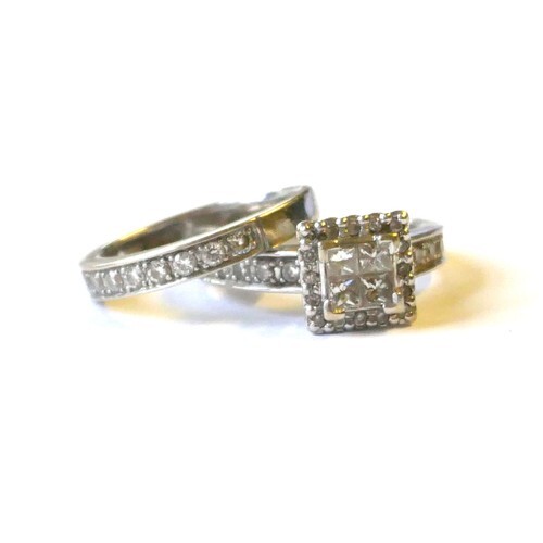 A 14ct WHITE GOLD AND DIAMOND CLUSTER RING AND HALF ETERNITY...