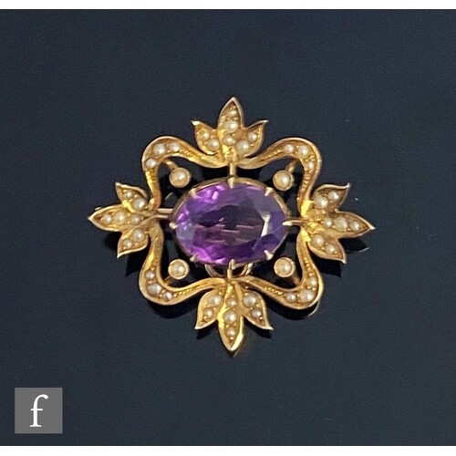 A 19th Century 14ct amethyst and seed pearl brooch, central ...
