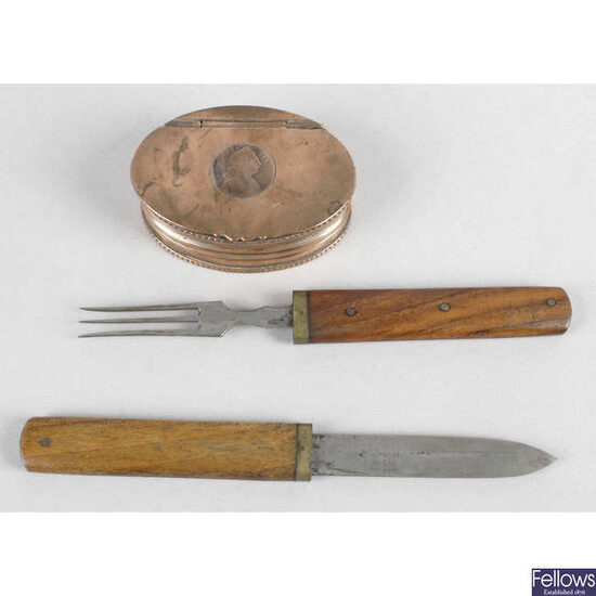 A 19th century snuff box and a wooden handled 'campaign style' knife and fork. (2).