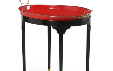 A 20th century painted wood tray table with a red-lacquered metal tray....