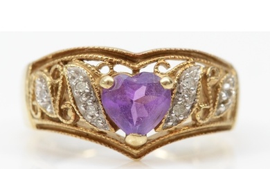 A 9ct gold heart cut amethyst and diamond dress ring, M, 3.5...
