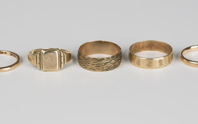 A 9ct gold rectangular signet ring, monogram engraved, and four 9ct gold wedding rings.