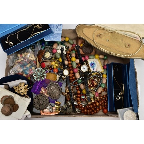 A BOX OF MOSTLY COSTUME JEWELLERY, to include a gold-plated ...
