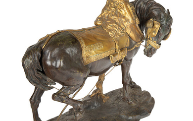 A BRONZE SCULPTURE OF A BRIDLED HORSE, CAST BY A. SADOUX (FRENCH LATE 19TH CENTURY)