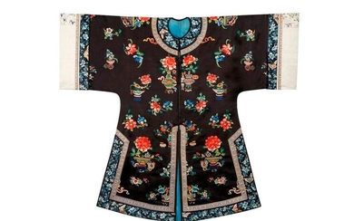 A CHINESE BLACK-GROUND EMBROIDERED SILK ROBE LATE QING DYNASTY Decorated...
