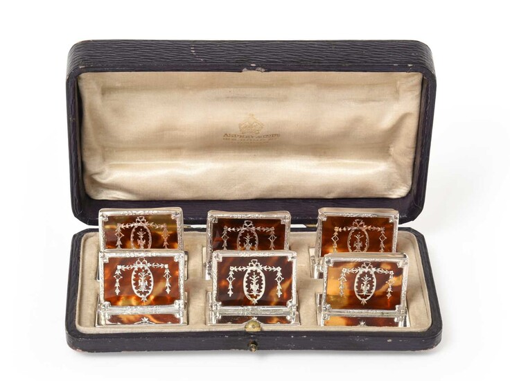 A Cased Set of Six George V Silver and Tortoiseshell Place-Card Holders, by Asprey, Five Birmingham, 1913 and One London, 1913