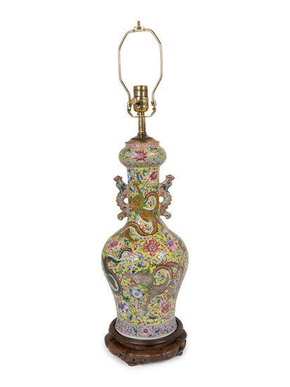 A Chinese Export Famille Jaune Porcelain Dragon Vase Mounted as a Lamp